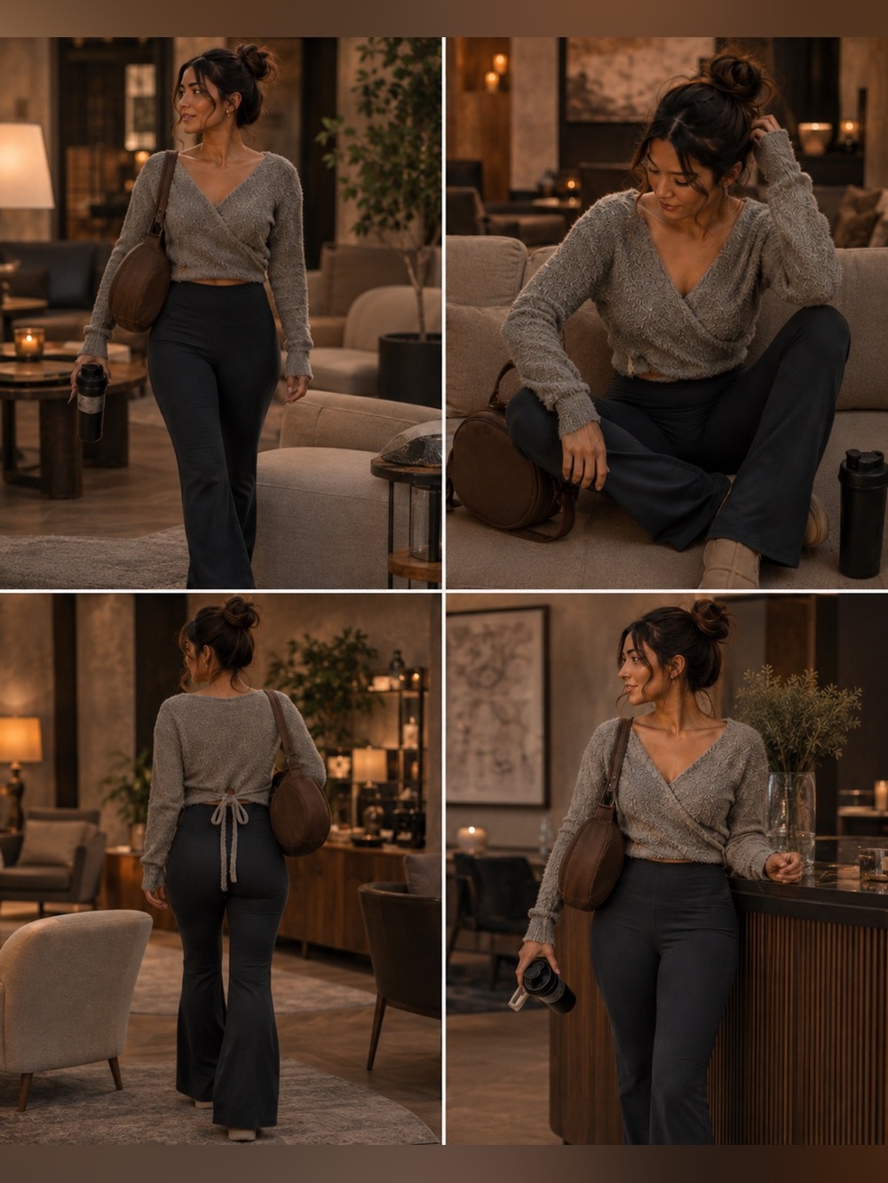 SKIMS Gray Cozy Knit Wrap Crop Top Long Sleeve Tie Waist L/XL
